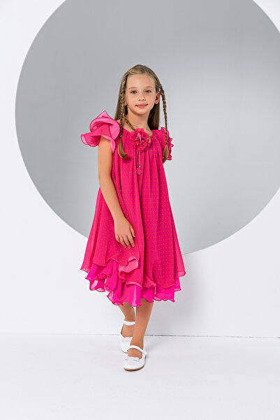 incity فستان أنيق للفتيات من الشيفون الفوشيا مع تفاصيل زهور مزخرفة - الموسم ا...