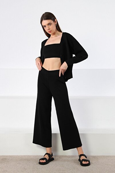 Ferraro Black Wide Leg Viscose Women's Knitwear Trousers