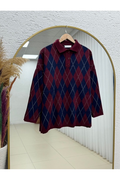 BENAHOLL İlknur Polo Collar Baklava Pattern Sweater-Zi̇5593 Claret Red