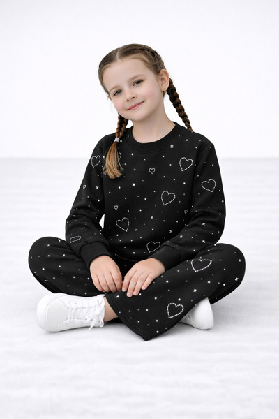 Beka Kids Kız Çocuk Kalp Desenli Komple Taş Detaylı Pantolonu Cepli Rahat Eşo...