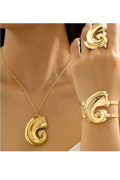 BirYıldızOl Retro Vintage Big Gold Jewelry Set Necklace Ring Bracelet Set
