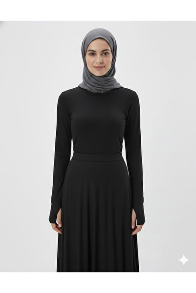 LADY HAZAL Black Crew Neck Slim Fit Cotton Finger-Looped Blouse Oversized Hij...