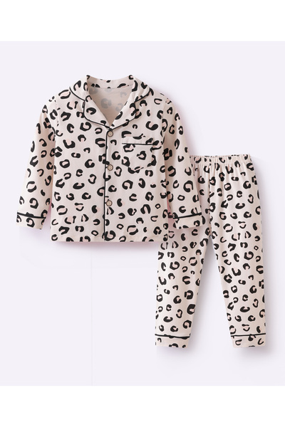 SAPS Cotton Leopard Printed Full Sleeves Shirt and Pajama Set - Beige/Black