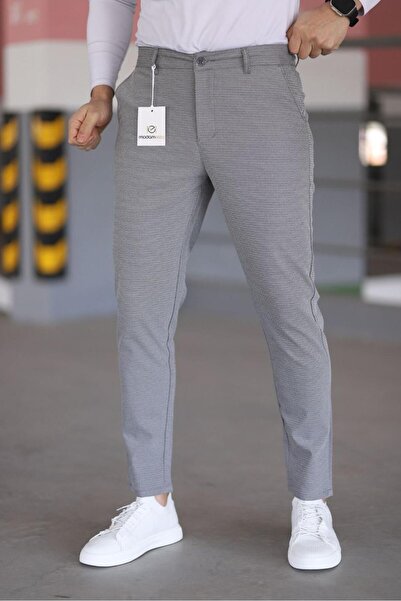 MODAMESTO Men's Dark Gray Slim Fit Armür Patterned Stretch Fabric Trousers