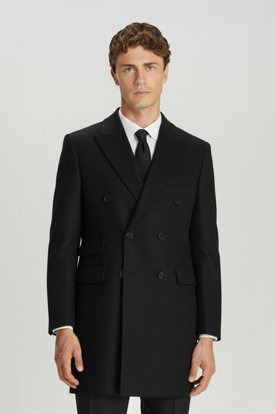 Sabri Özel Giotelli Siyah Slim Fit Yünlü Sivri Yaka Kruvaze Palto