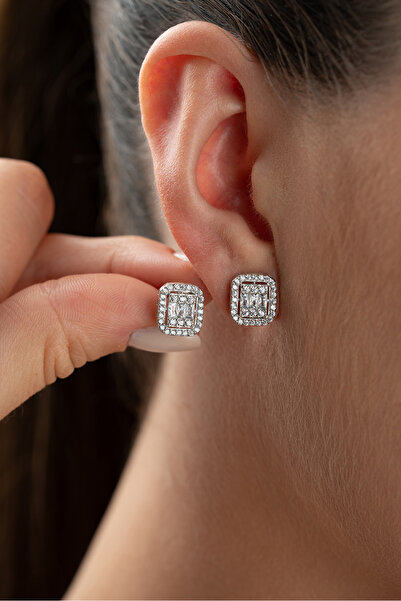 Silvano Jewelry 925 Ayar Gümüş Çivili Baget Taşlı Küpe