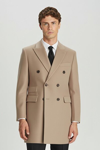 Sabri Özel Giotelli Camel Slim Fit Yünlü Sivri Yaka Kruvaze Palto