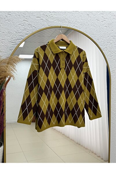 BENAHOLL İlknur Polo Collar Baklava Pattern Sweater-Zi̇5593 Oil Green