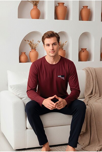 LİLA İÇ GİYİM Men's Long Sleeve Embroidered Knitted Pajama Set