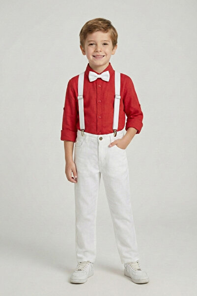 FATELLA Boy's Red Long Sleeve Shirt White Pants White Suspender Bow Tie Set A...