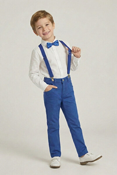 FATELLA Boy's White Long Sleeve Shirt Cobalt Pants Cobalt Suspender Bow Tie S...