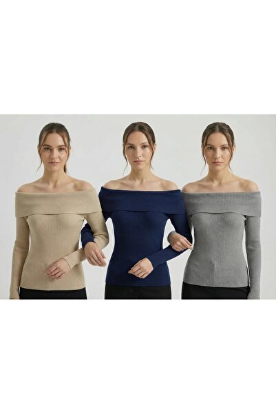 BY ARDELION Bardot Yaka 3-Piece Stylish Knitwear Blouse - Gray, Beige, Navy Blue