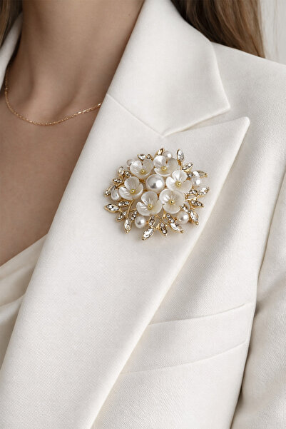 Modex Altın Rengi İnci Ve Çiçek Detaylı Broş (4cm)