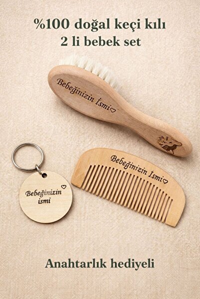 Ayana Cosmetic İsme özel doğal %100 keçi kılı 2'li bebe seti (anahtarlık hedi...