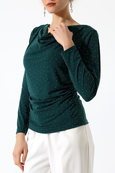 Sabr Stoned Sandy Degaje Collar Side Gathered Blouse – Long Sleeve Stylish Ca...