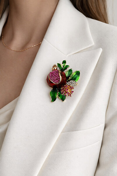 Modex Yeşil Yaprak Detay Taşlı Nar Broş (4cm)