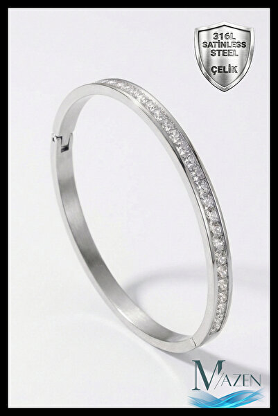 MAZEN Gümüş Renk Gömme Sıralı Taşlı 316L Çelik Kelepçe Bileklik | Kararma Yap...
