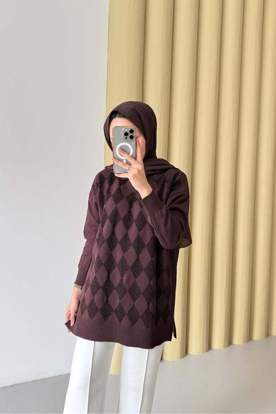 Rimel Moda Simli Merserize Tunik Kahverengi