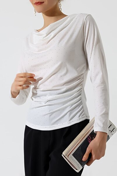 Sabr Stoned Sandy Degaje Collar Side Gathered Blouse – Long Sleeve Stylish Ca...