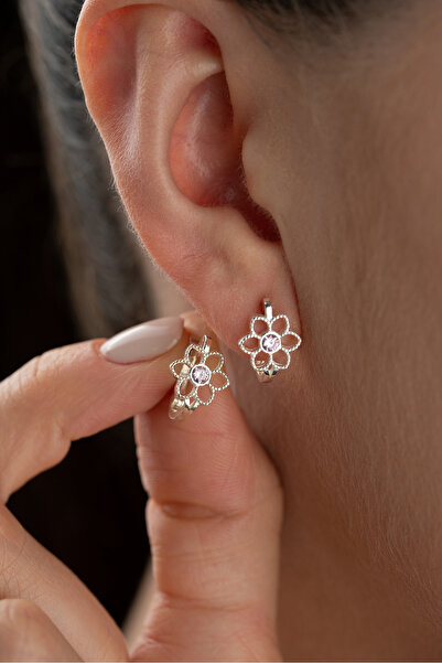 Silvano Jewelry 925 Ayar Gümüş Pembe Taşlı Çiçek Çocuk Küpe