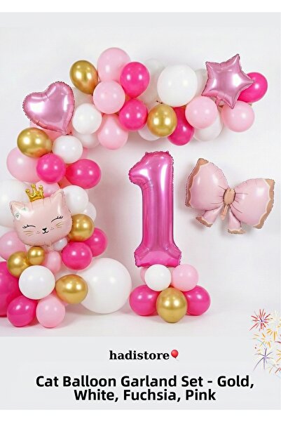 hadistore Pink Cat Themed Balloon Chain Set – Birthday Set with 100 cm Number...