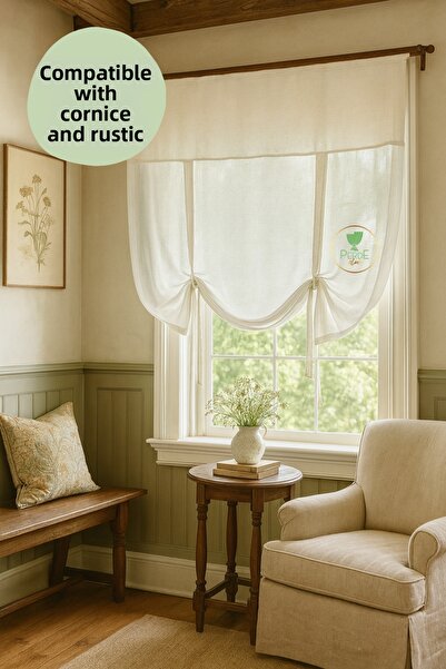 perde plus Natural Linen Tulle Curtain Retro Tie Detailed Design (Rustic and ...