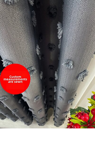 Perde Pendik ستارة خلفية رمادية داكنة منفوشة مع شراشيب، كرات زينة، ستارة مطوي...