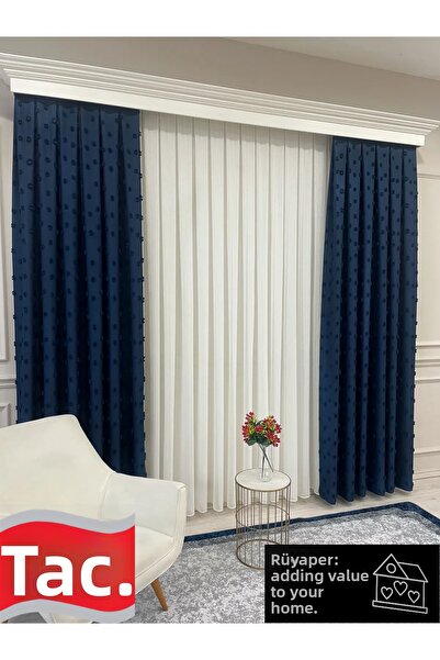 Taç Rüyaper Cortină de fundal Puff Pompom Culoare Bleumarin 1/3 Pile ÎNGHESUITE