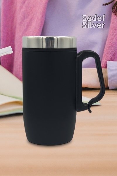 SEDEF SİLVER 240 Ml Coffee Tea Thermos Mug with Lid - Cup with Handle