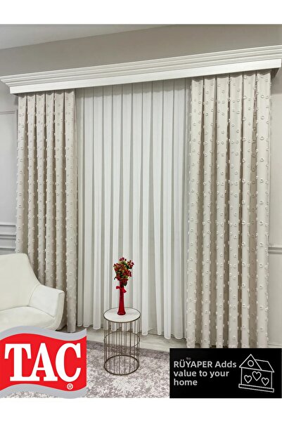Taç Dream Ecru Color Pompom Pufy Background Curtain 1/3 Sik Pleat