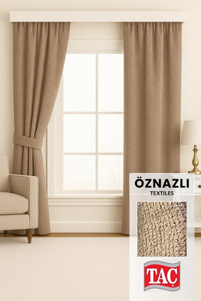 Taç Light Brown Chenille Textured Background Curtain - Mink |   Extra-Elastic...