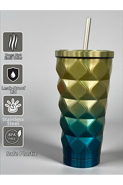 SANALTİCARETİM ترمس هندسي بلون المانجو مع مصاصة 500 مل - للمشروبات الباردة وا...