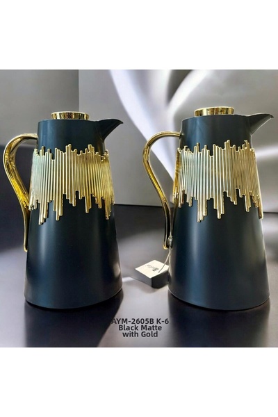 Hinora Gold Line Detailed Inner Glass Colored Thermos Set of Two 1L\1L