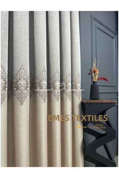 Emes ستارة خلفية حجرية فاخرة منقوشة بلون كريمي - أزرق 1*3 بطيات مشدودة، جناح ...