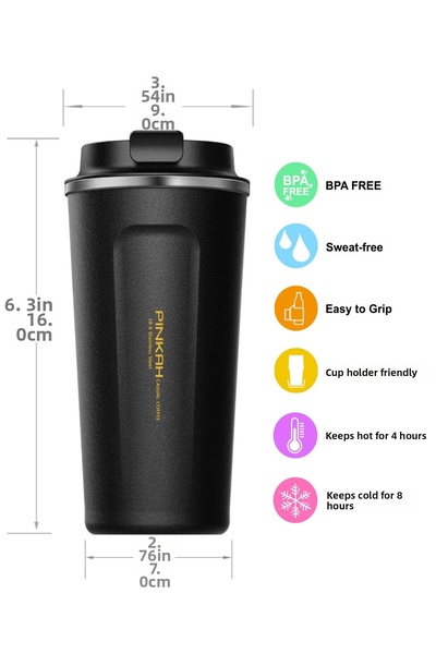 GLANCE بينكة - قارورة قهوة ستانلس ستيل سوداء اللون - قارورة سفر 510 مل