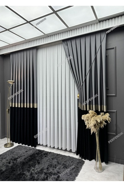 Perde Pendik Elegans Series Azra Patterned Black Gold Gray Panel Background C...