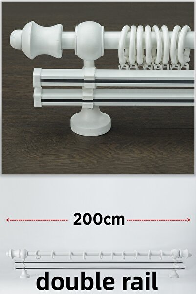 wenthi Suport pentru perdele din lemn alb rustic cu două șine Venti 200 Cm