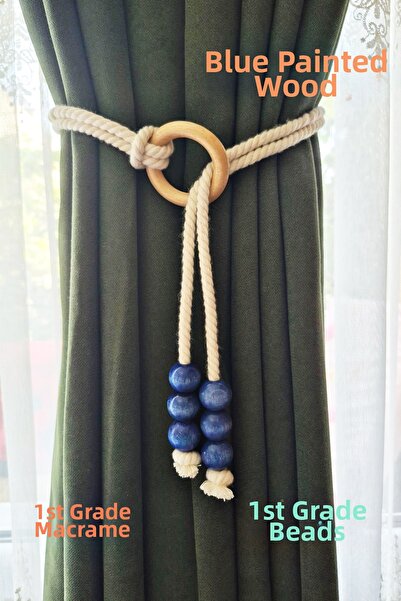 Armashine Legătură pentru perdea din macrame cu mărgele din lemn albastru Ala...