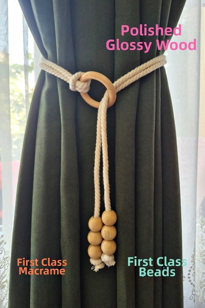 Armashine Suport pentru perdea din lemn lustruit cu inele și mărgele din macr...
