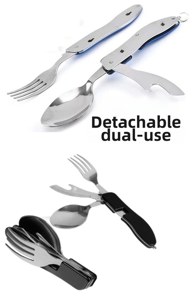 Kiesa 4 in 1 Folding Camping Spoon Fork Knife Set with Lid Opener, Steel Trav...