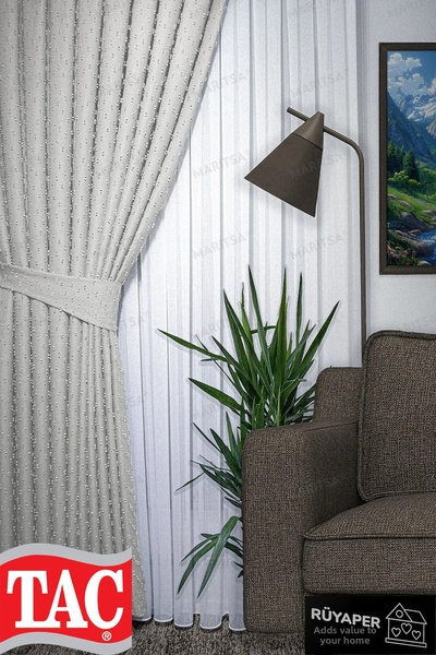 Taç Dream Linen Series Grammage Pompom Pattern Stone Color Background Curtain...