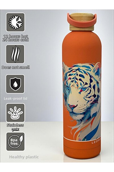 SANALTİCARETİM ترمس ستانلس ستيل سعة 500 مل مع غطاء من الخيزران وشكل نمر برتقا...