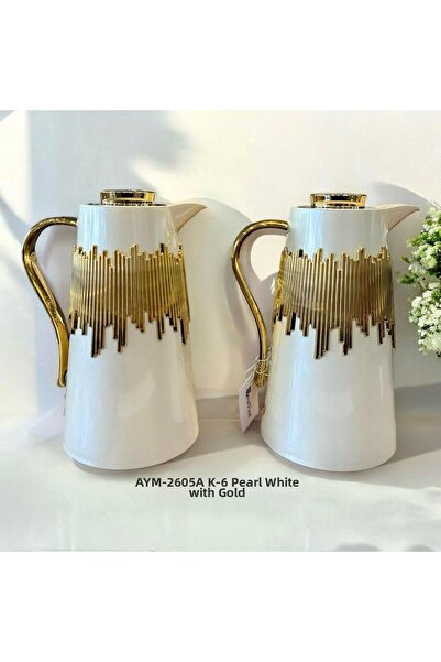 ZETT طقم ترمس أنيق مكون من قطعتين بتفاصيل خطوط ذهبية سعة 1 لتر/1 لتر