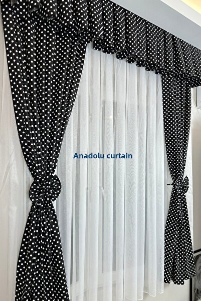 GLOMAR Kitchen Curtain Dense Pleat 1/3 Black Polka Dot Colored Cornice Short Background Curtain Modern