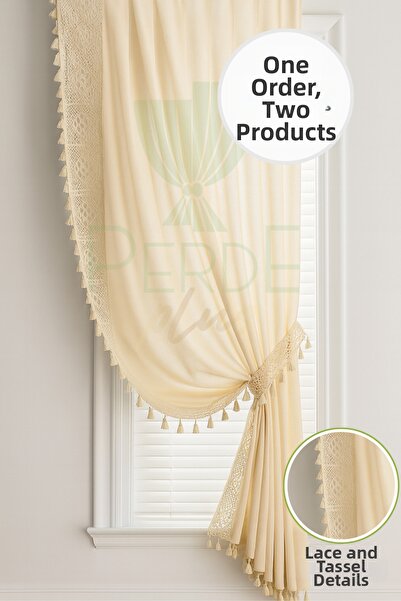 perde plus Lace and Tassel Backdrop Curtain 2 Panels (Right - Left), Double P...