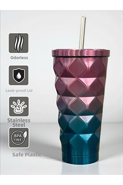 SANALTİCARETİM ترمس هندسي ملون بالتوت الأزرق مع مصاصة 500 مل - للمشروبات البا...