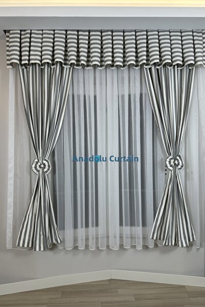 GLOMAR Perdeaua de bucatarie moderna - 1/3 dungi gri, cornisa farbata, fundal...