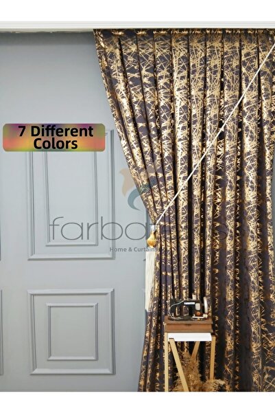 farbateks Smoked Gray Gold Foil Shiny Laced Opart Fabric 3 Layer Pleated Back...