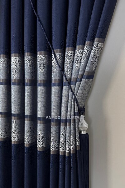 istper Panel Background Curtain Navy Blue Gray Transitional Detailed Patterne...