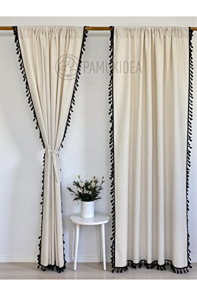 pamukidea Buzunar rustic cu pompon negru - Cortina din in Buldan 100% bumbac ...